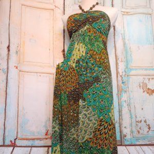 ChristinaLove paisley peacock maxi w wood beads / size L / blue green yellow
